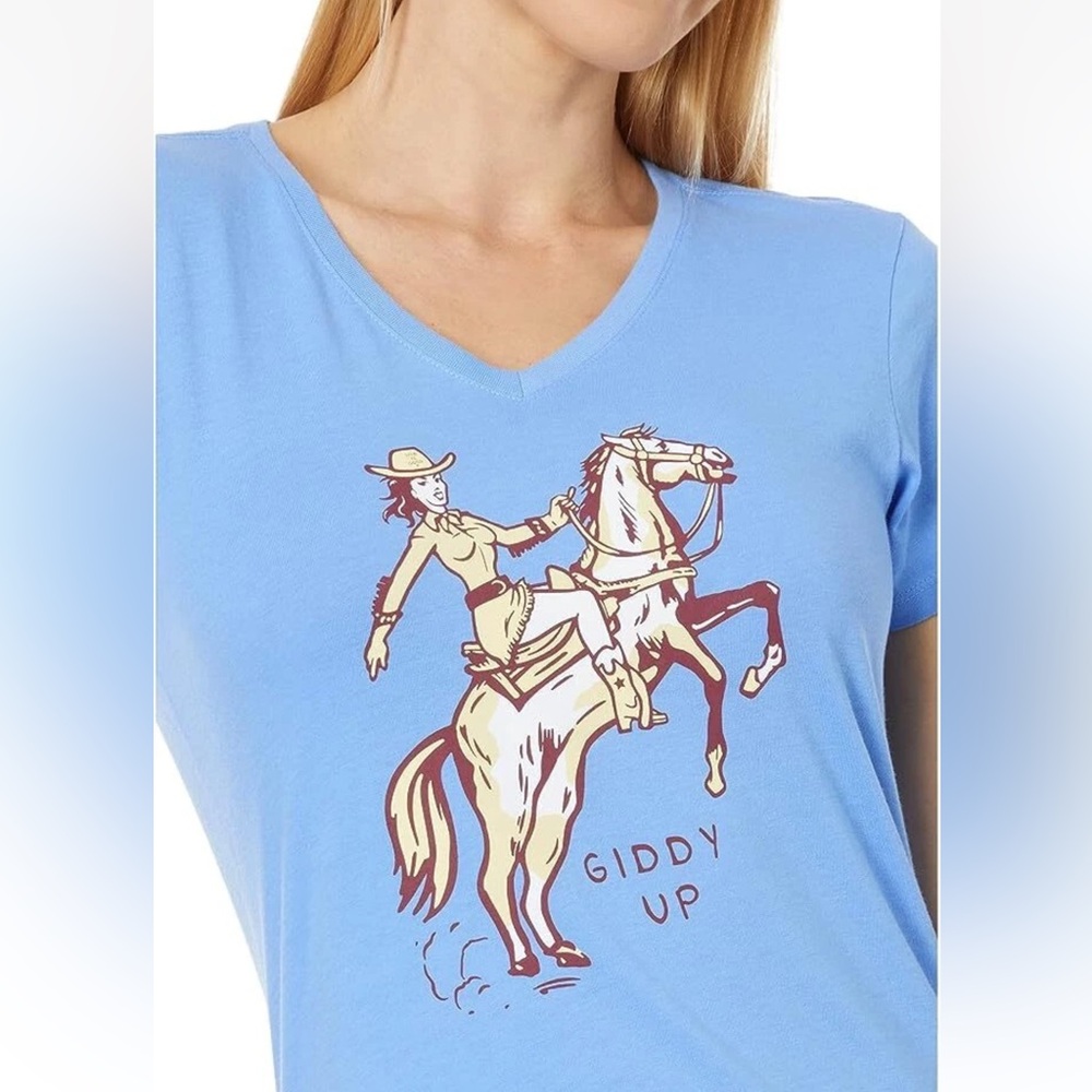 LIFE IS GOOD Giddy Up Graphic V-Neck Women’s Tee - Light Blue Crusher-Lite